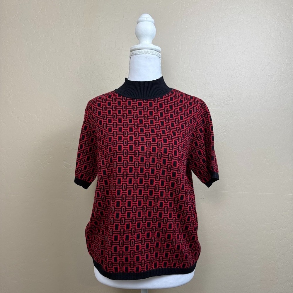 Vintage 90s Westbound Petites PM Red Black Geometric Mock Neck Cotton Sweater
